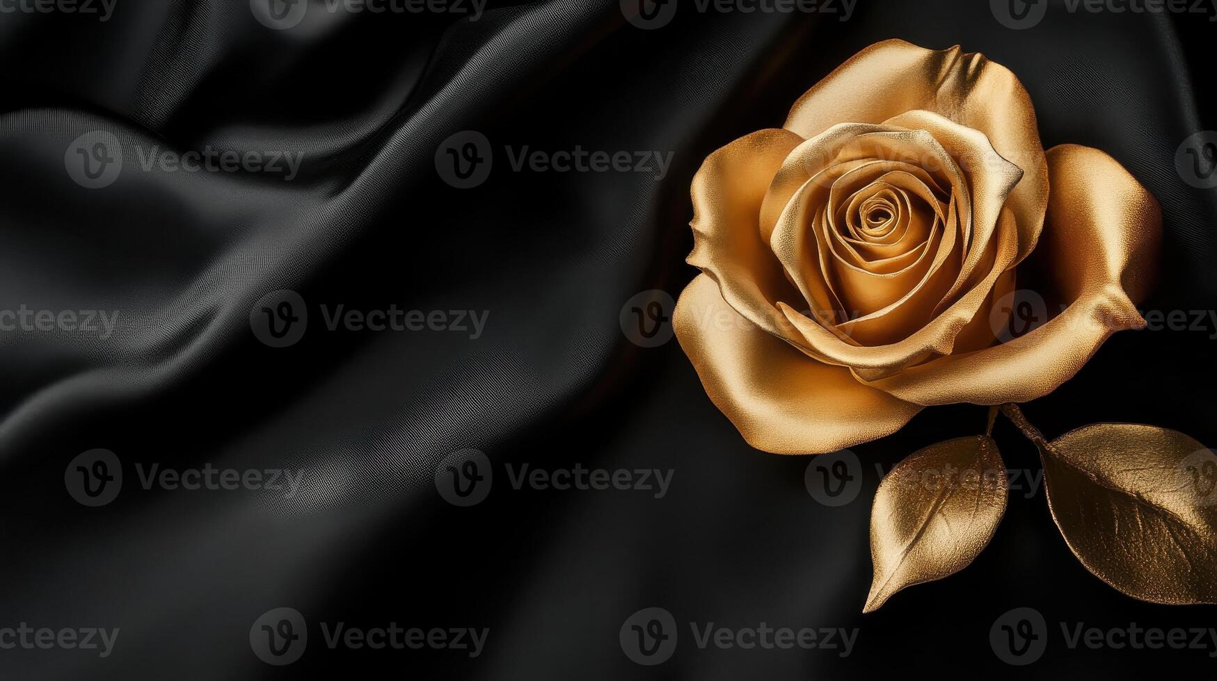 Golden rose on black silk fabric representing elegance and luxury concept photo
