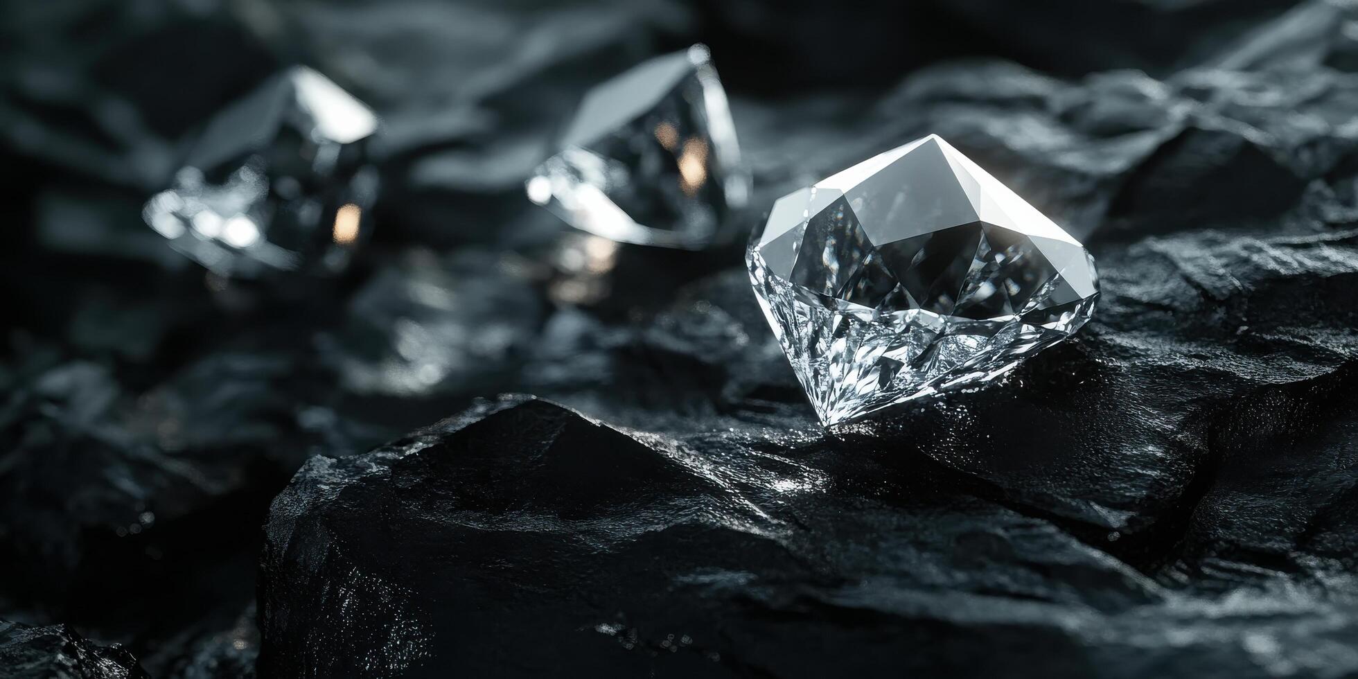Sparkling diamonds on dark rocks in focused close-up detailing precision and elegance photo
