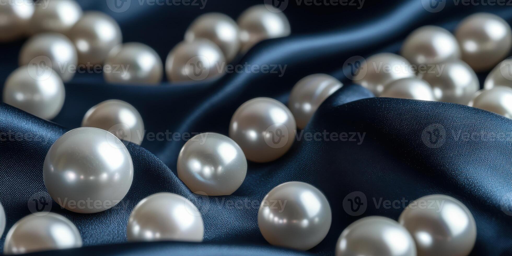 Elegant pearls scattered on luxurious satin fabric representing sophistication photo