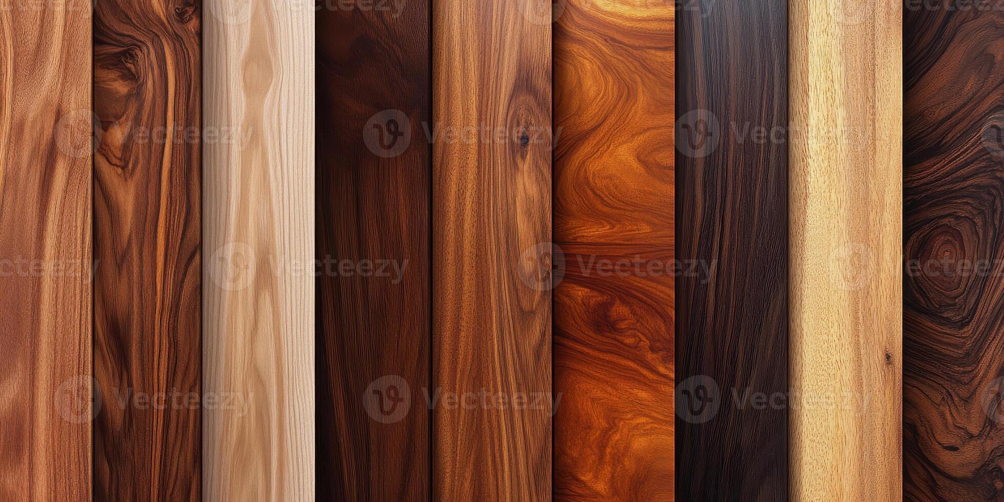 Variety of polished wooden planks displaying rich texture and natural grain patterns photo