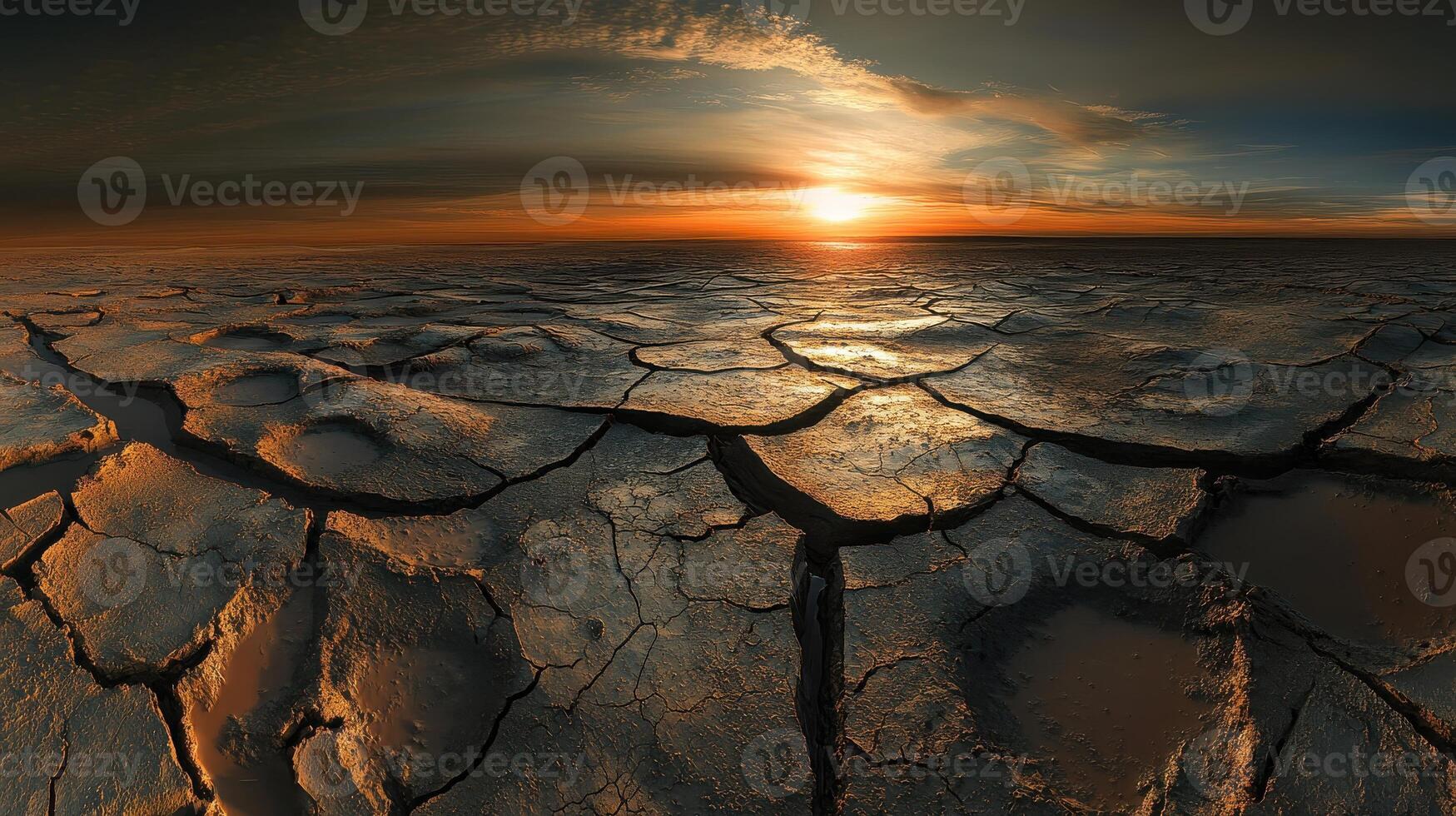Captivating sunset over cracked earth with dramatic sky and sunrays reflecting photo