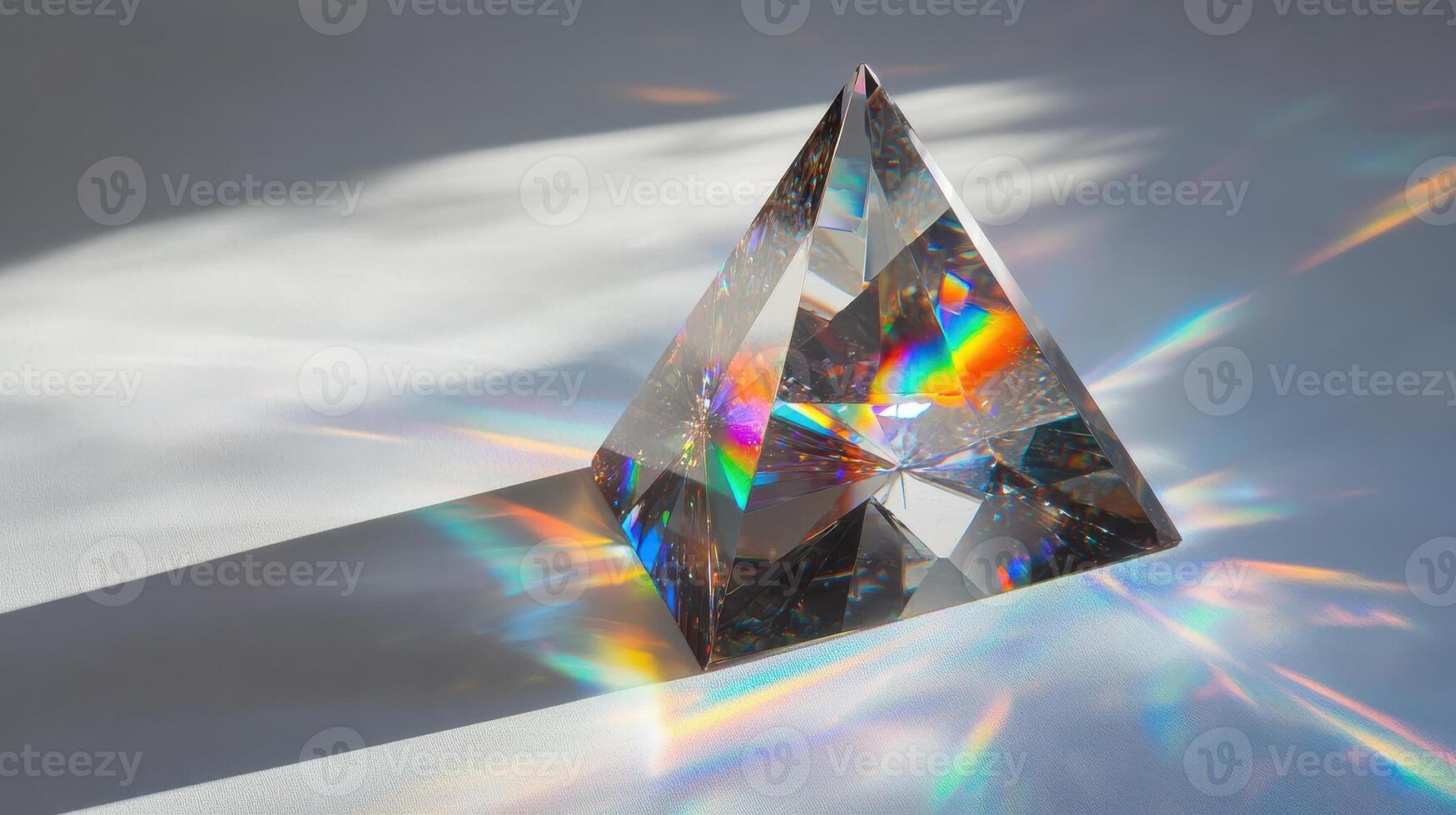 Crystal prism casting rainbow light reflections on surface photo