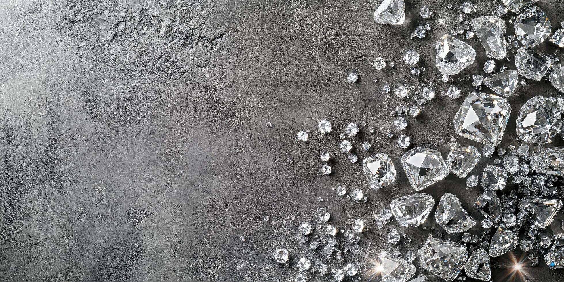 Luxury concept with scattered diamonds on grey stone texture background photo