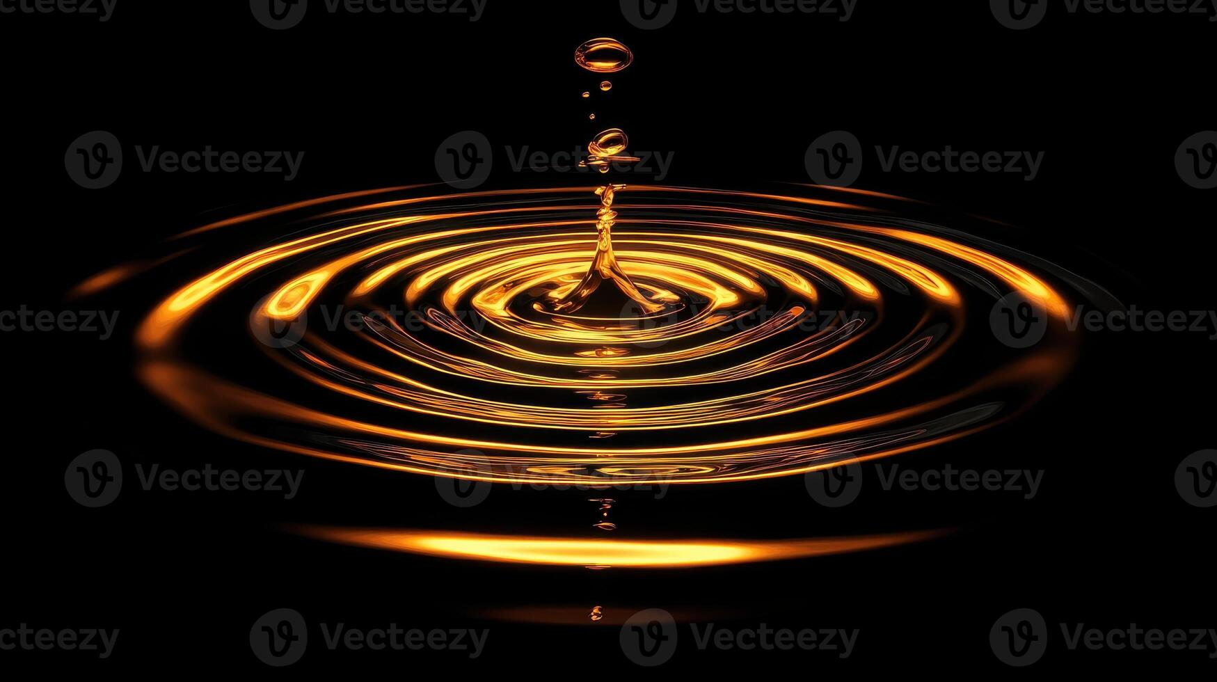 Golden water droplet creating ripples in dark liquid concept photography photo