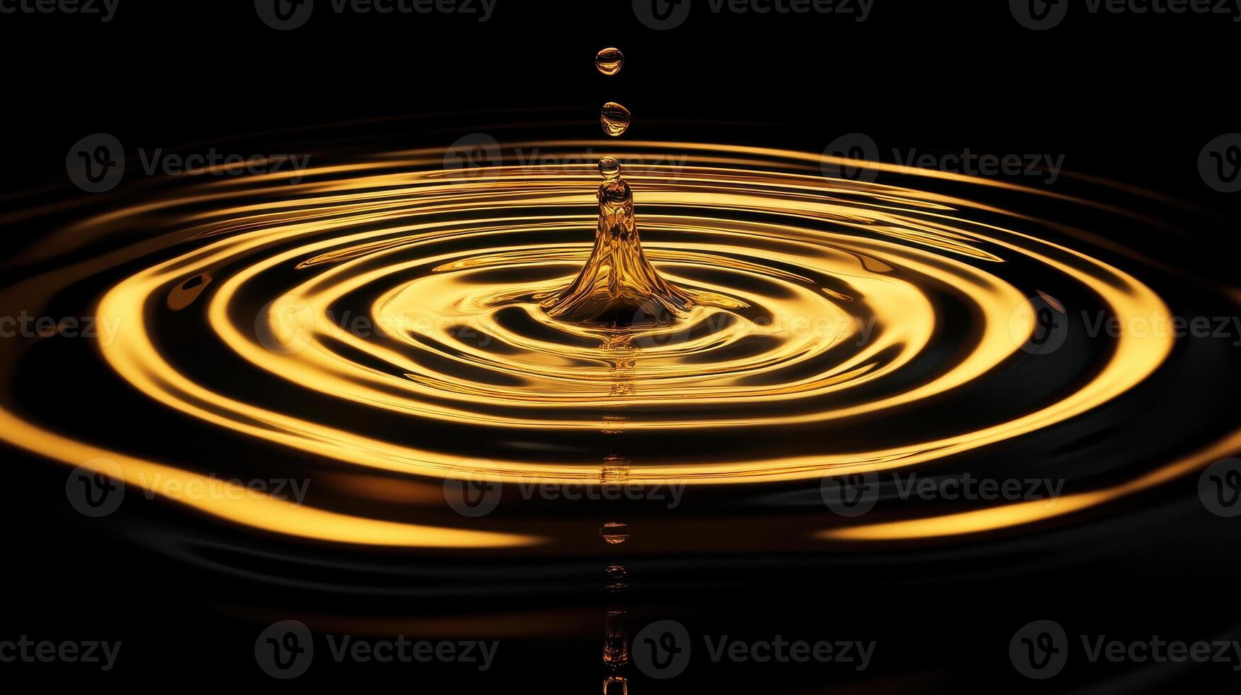 Golden water drop creating ripples in dark liquid surface reflections photo