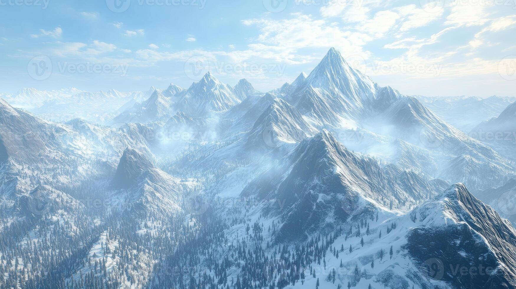 Majestic snow-covered mountain range landscape under clear blue sky photo