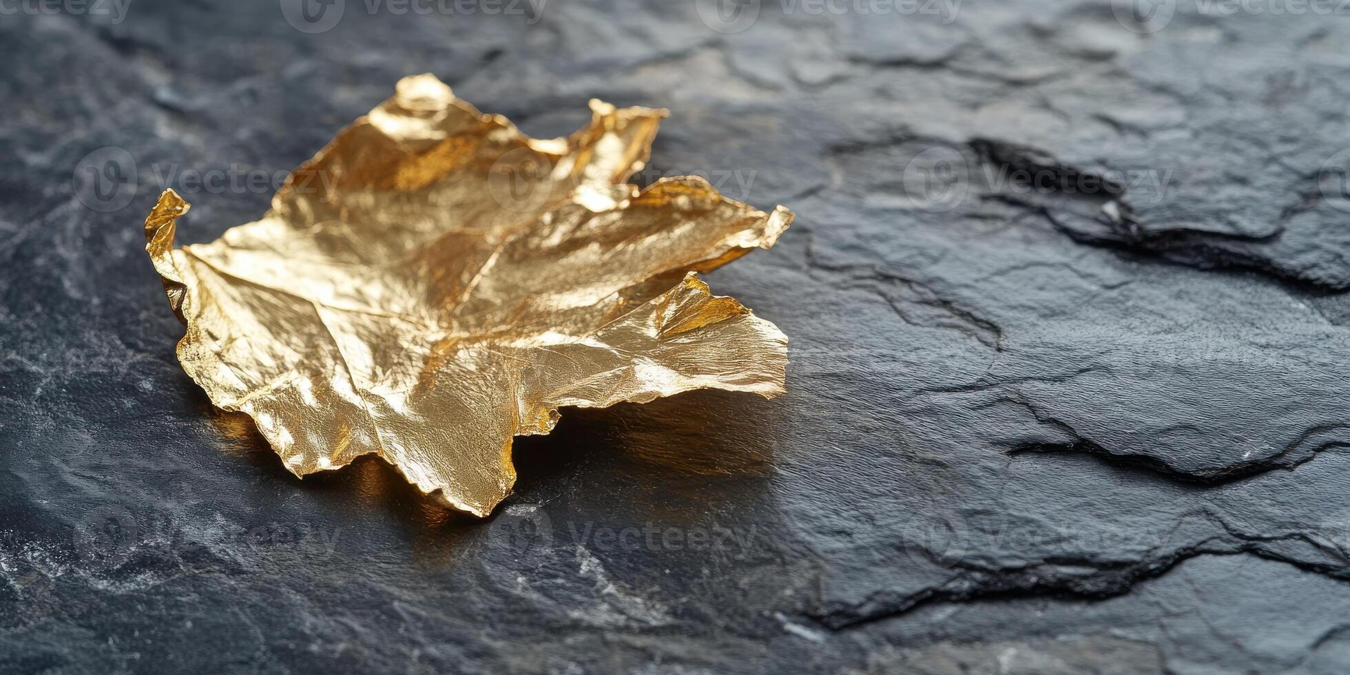 Golden leaf on dark slate background symbolizing elegance and luxury photo