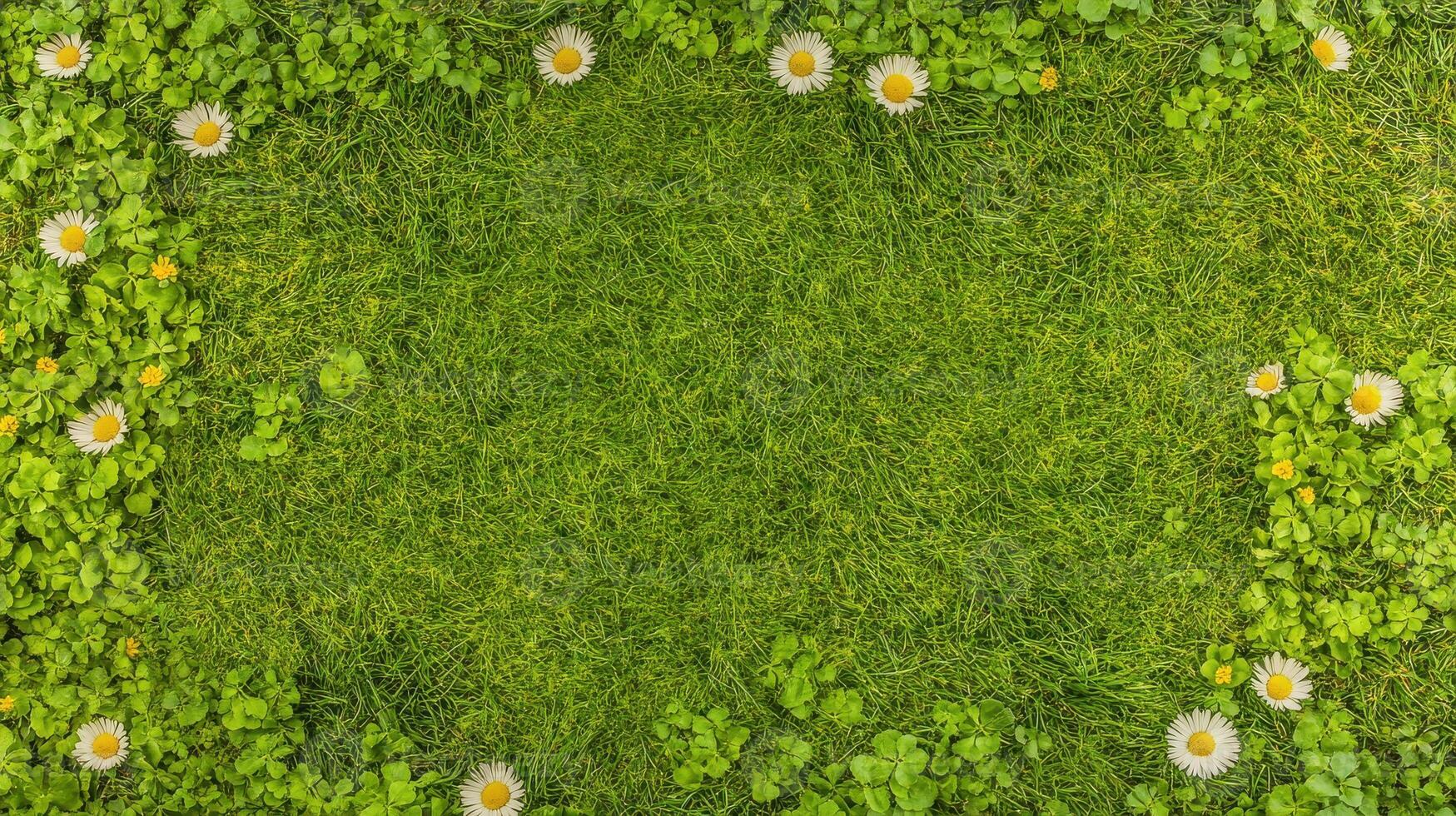 Green grass background with border of daisies and fresh leaves for natural concept photo