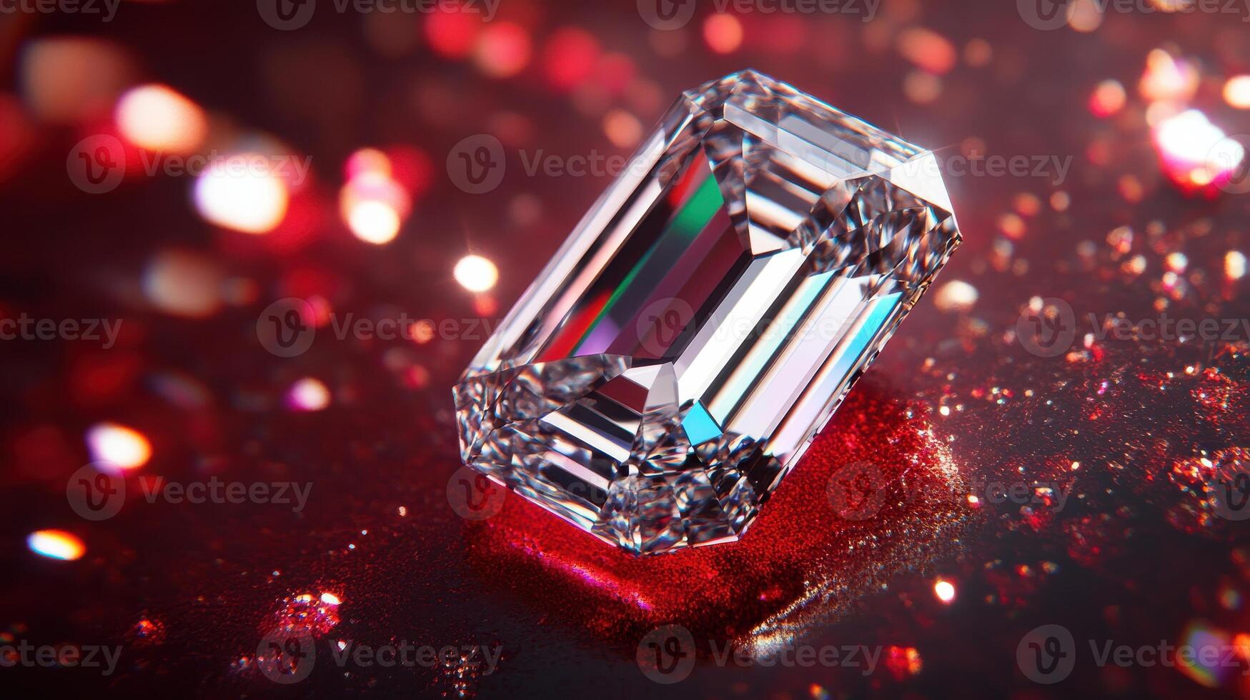 Sparkling emerald cut diamond on glittering red background representing luxury photo