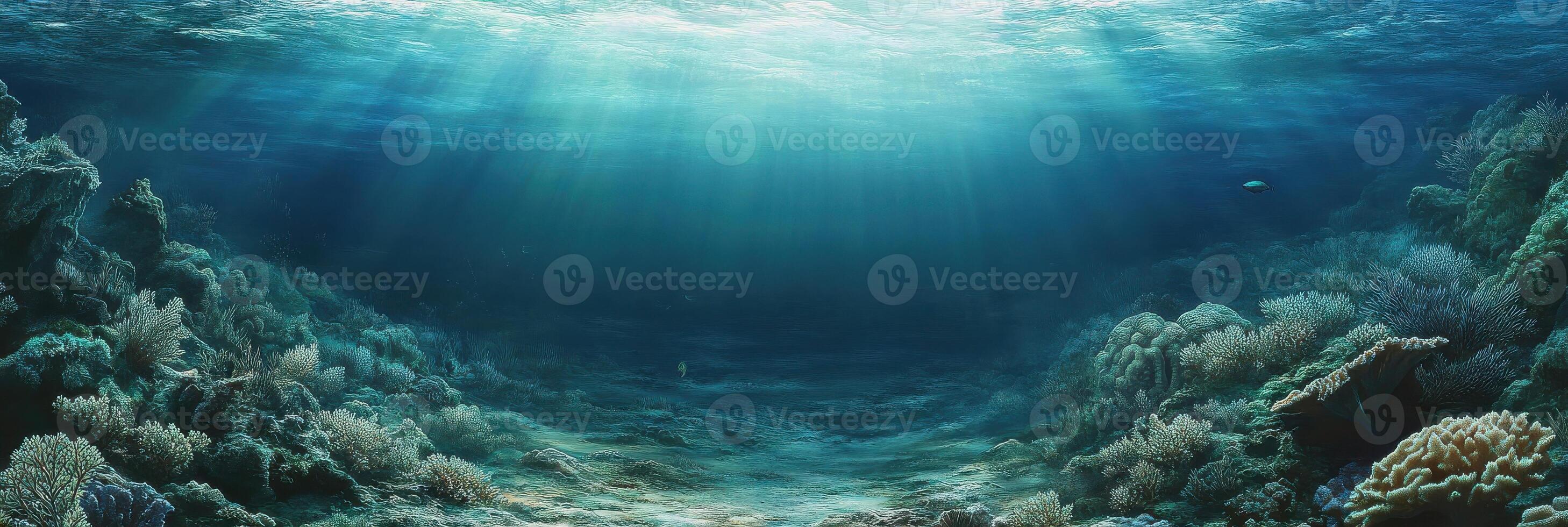 Sunlit underwater scene with coral reef and ocean life photo
