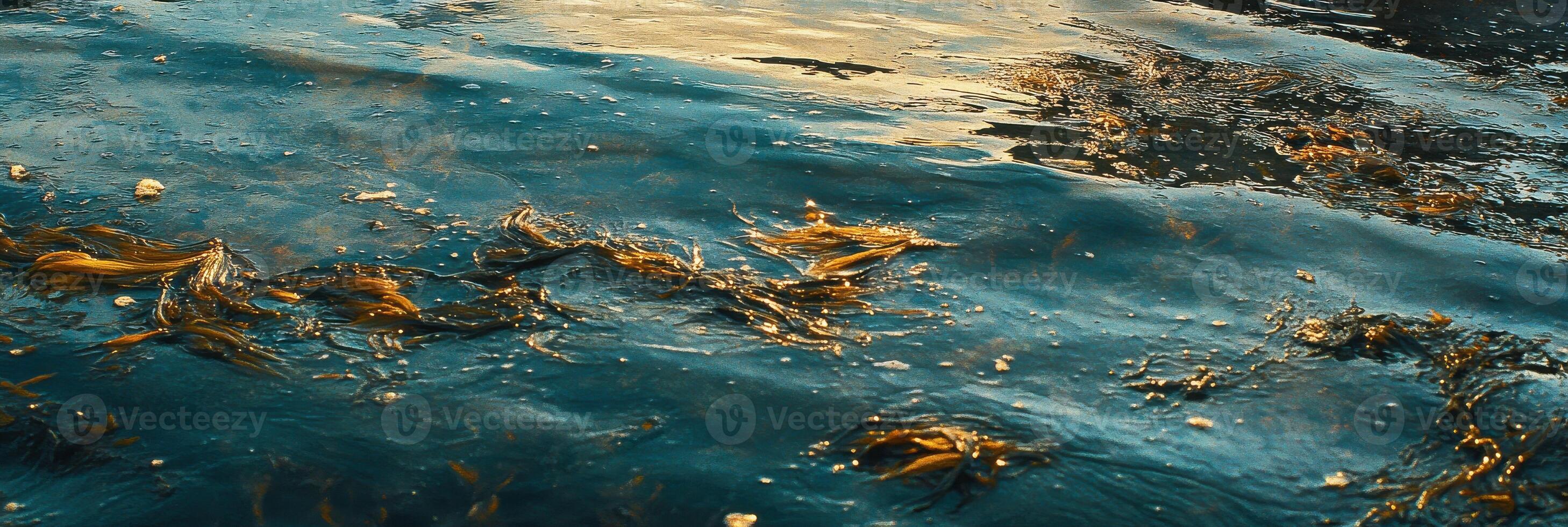 Rippling blue ocean water with floating seaweed reflecting golden sunlight photo