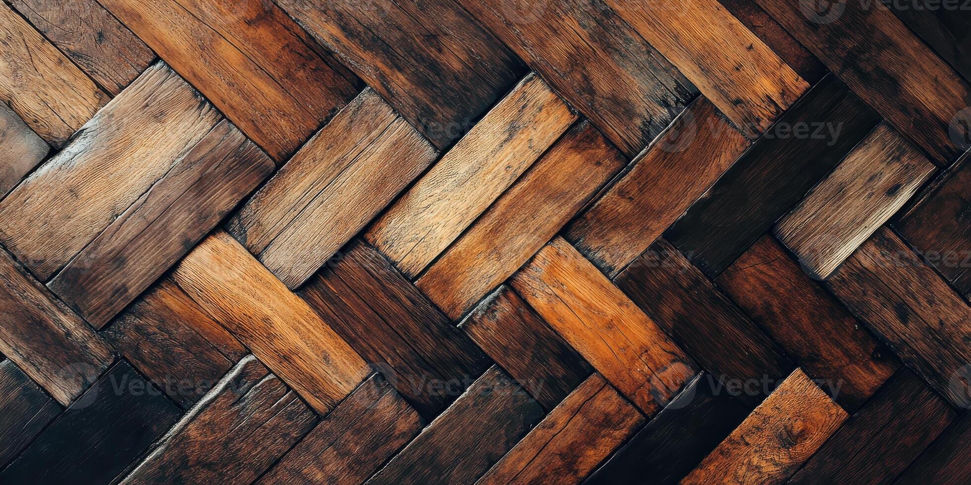 Rustic wooden floor with a textured herringbone pattern creating a warm aesthetic photo