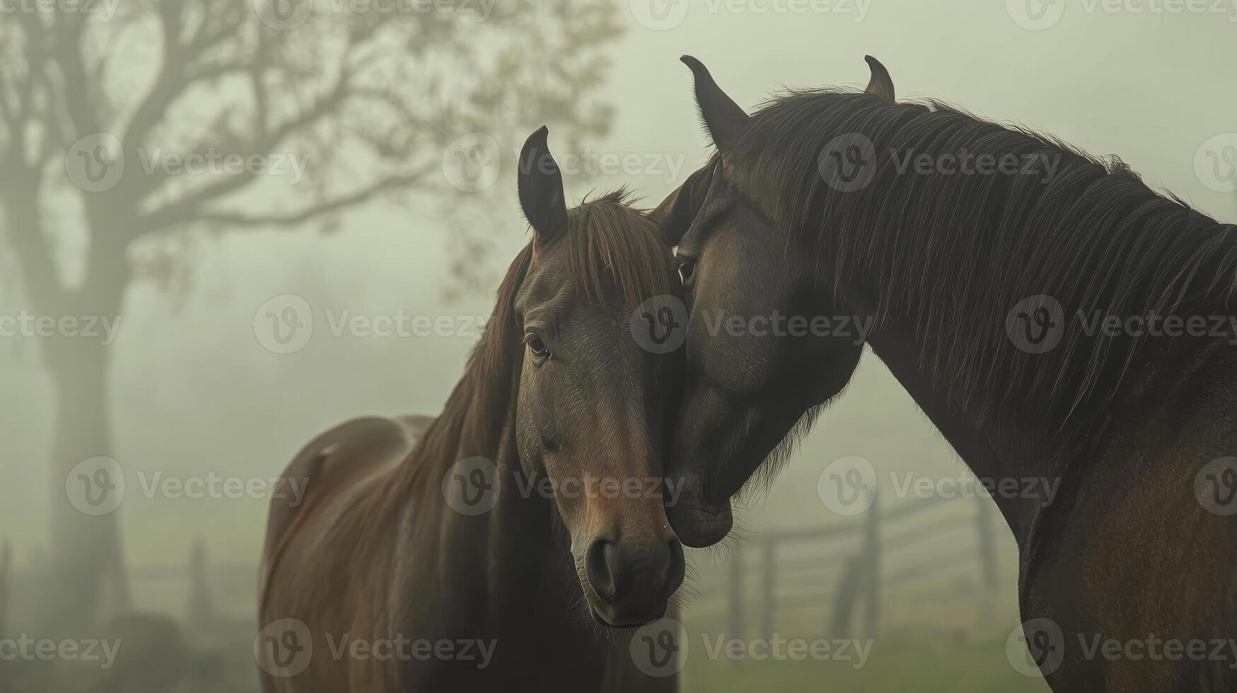 Two brown horses in foggy pasture symbolizing intimacy and connection in rural countryside photo