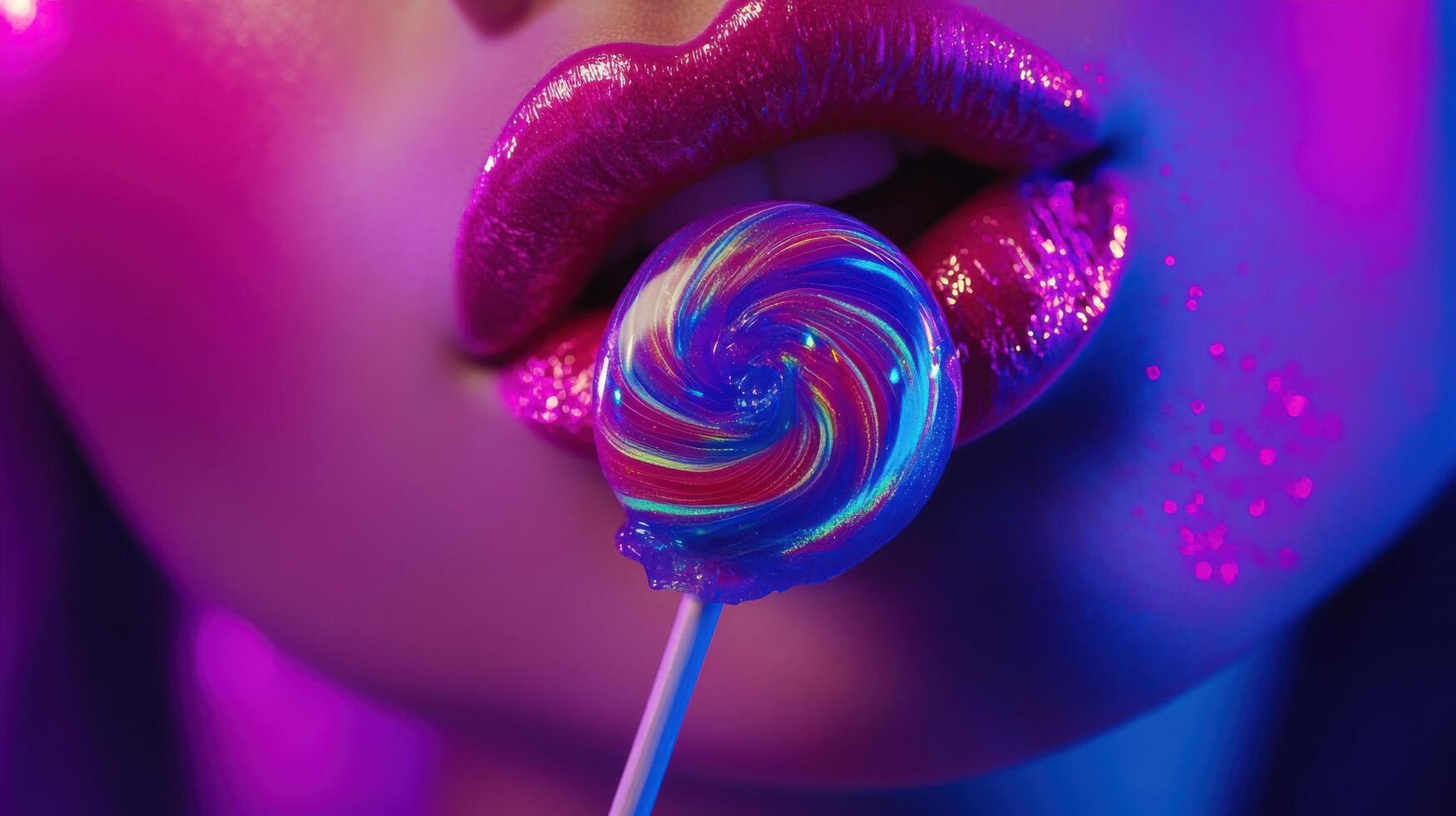 Close-up of female lips with lollipop in vibrant neon lighting concept photo