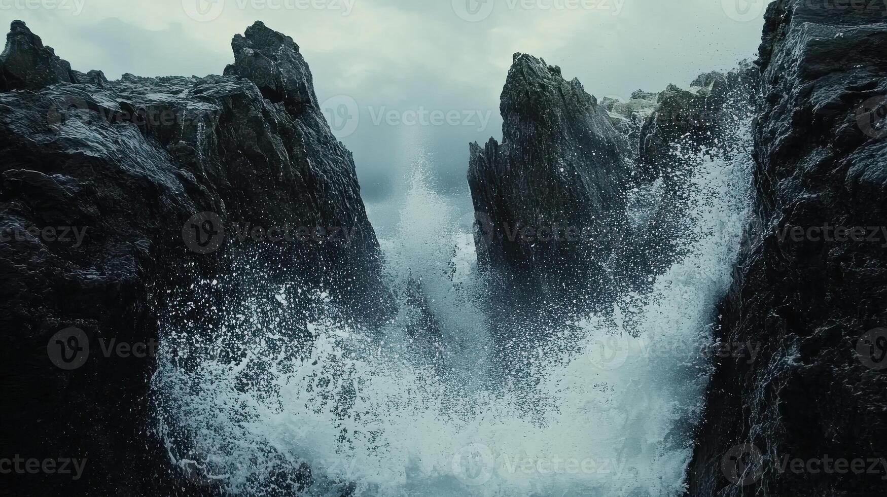 Powerful ocean waves crashing against rocky cliffs in dark moody atmosphere photo