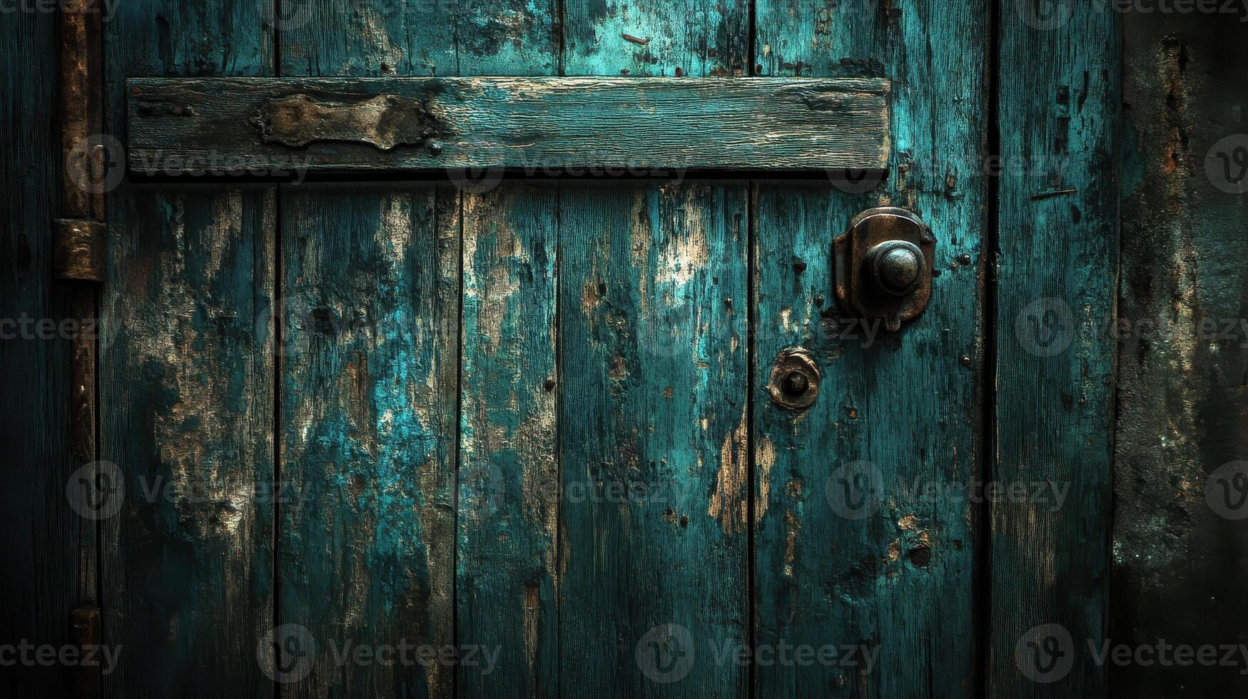 Weathered old wooden door with rustic blue paint featuring antique lock photo