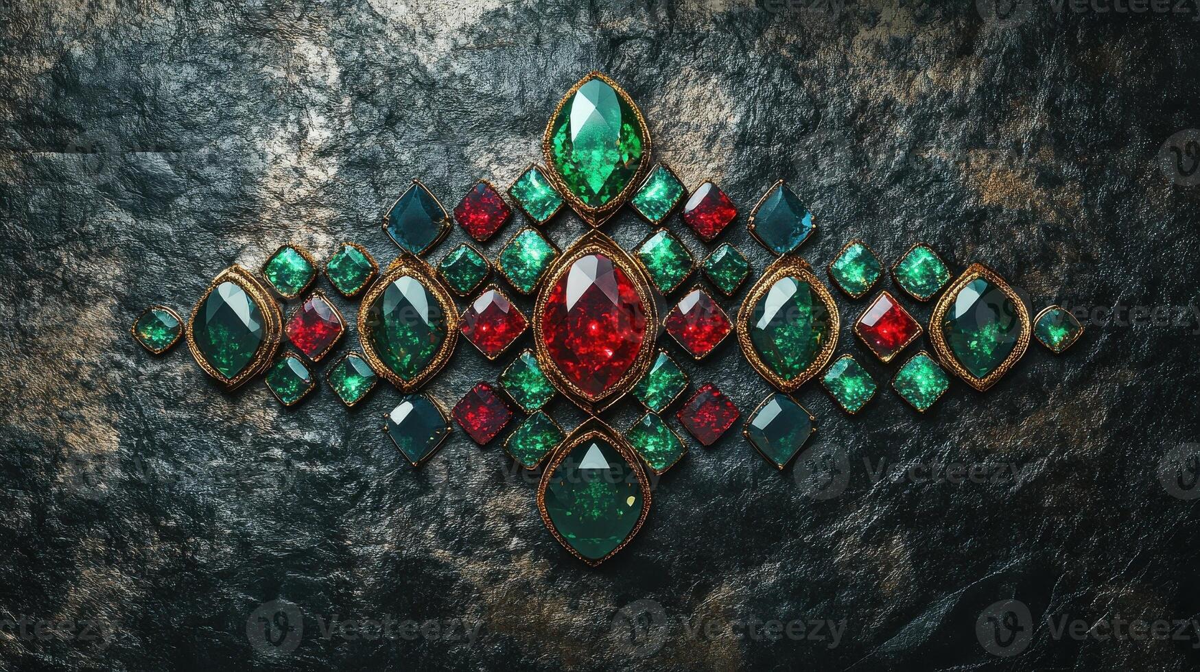 Intricate gemstone pattern with ruby and emerald on dark textured surface photo