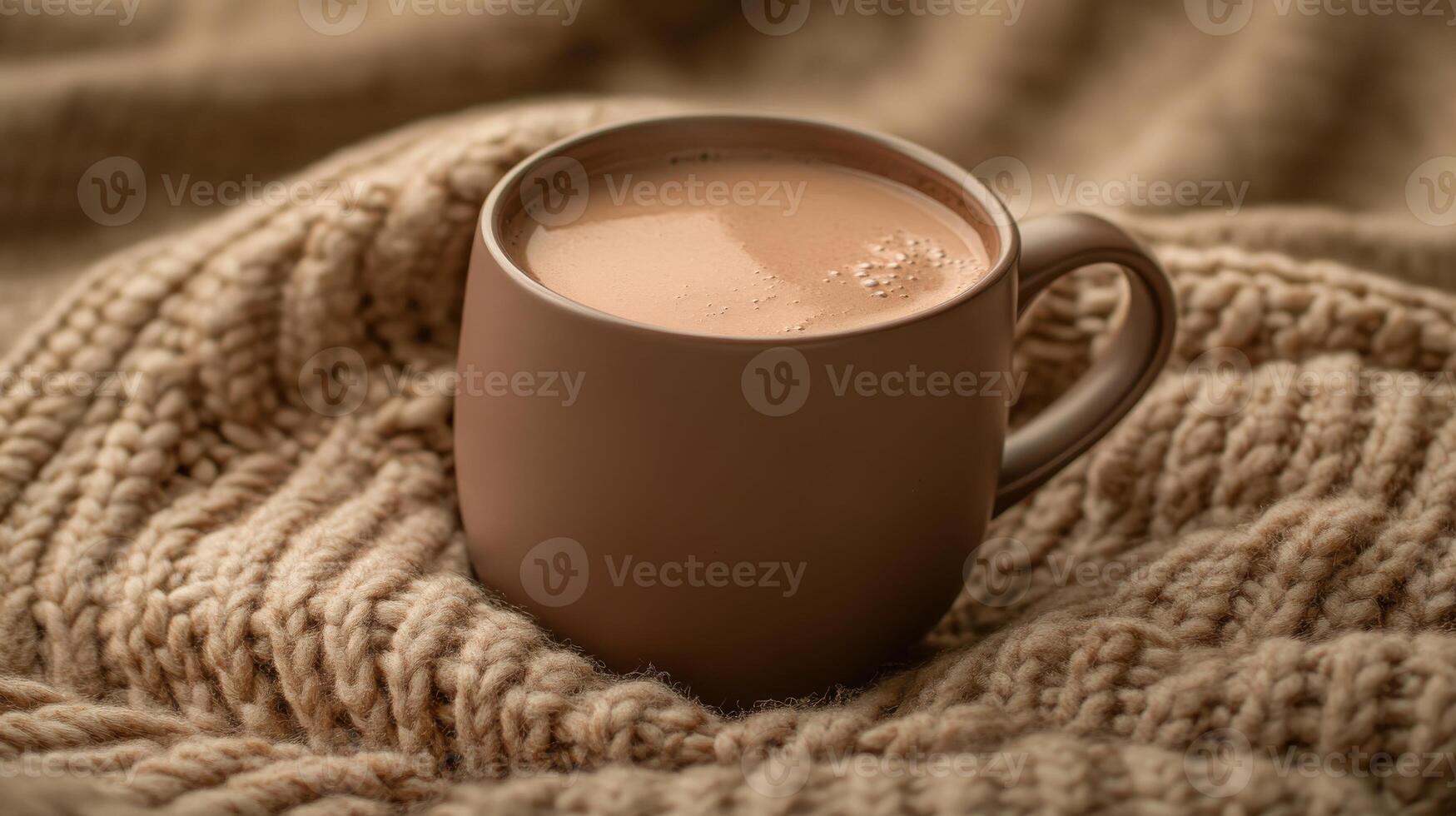 Cozy brown mug of hot chocolate on knitted blanket for warm winter comfort photo