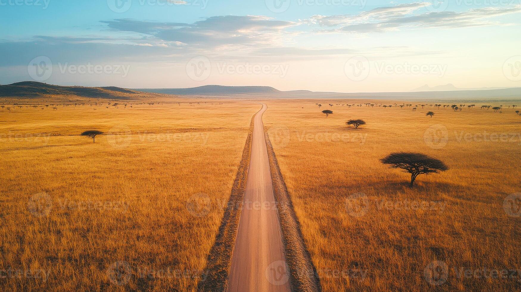 Aerial view of african savannah with endless dirt road through golden grasslands photo