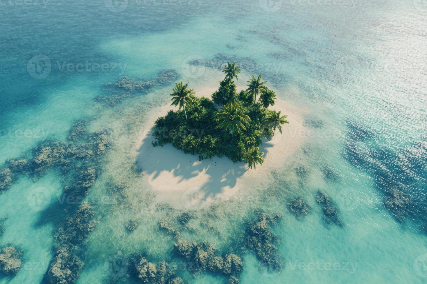 Tropical island paradise with palm trees surrounded by turquoise ocean waters photo