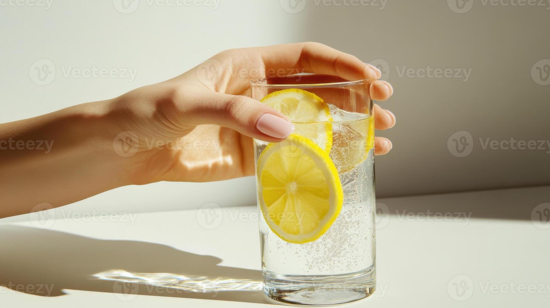 Female hand holding refreshing lemon water in sunlit glass photo