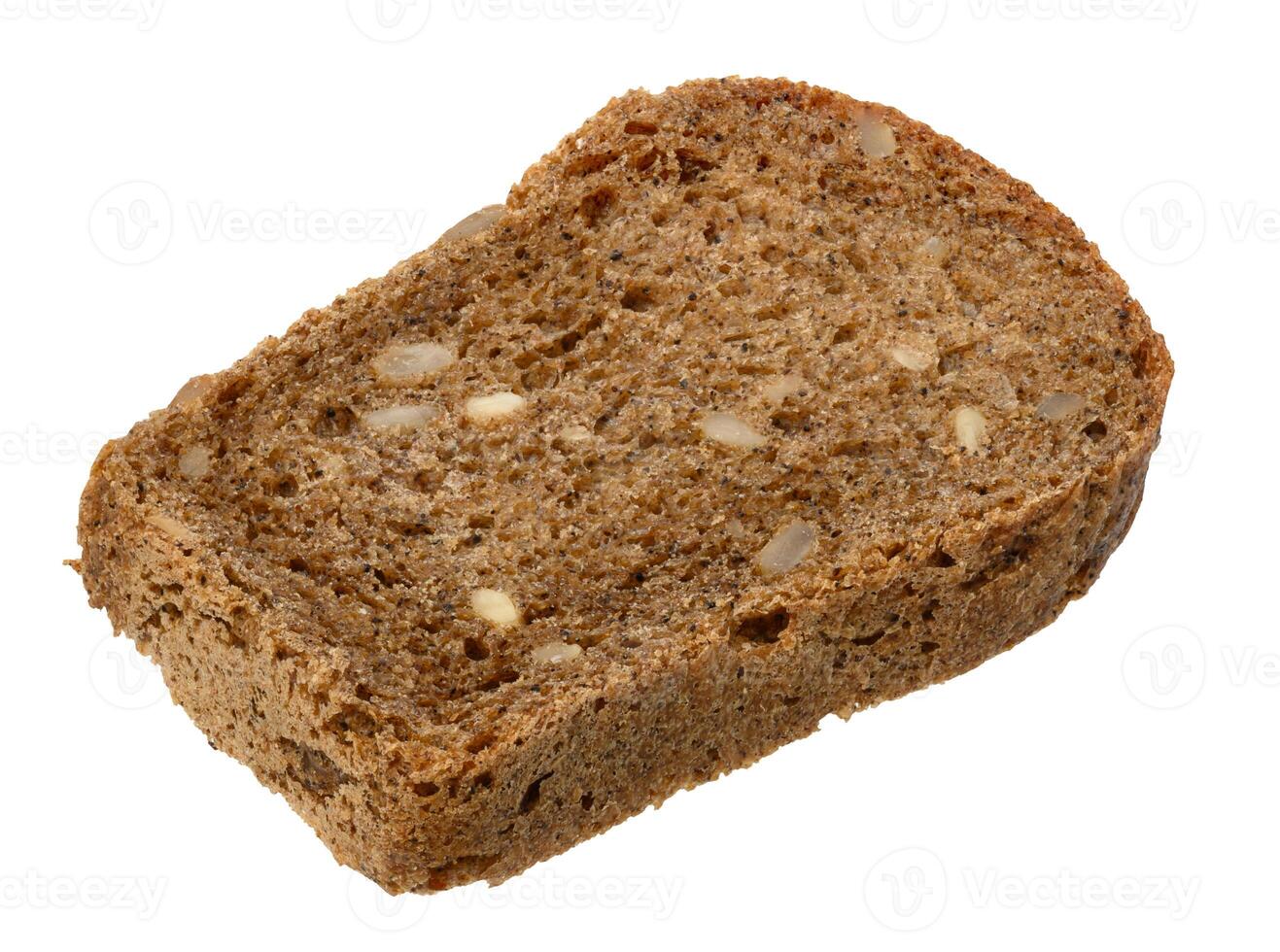 Slice of rye bread with nuts on isolated background photo