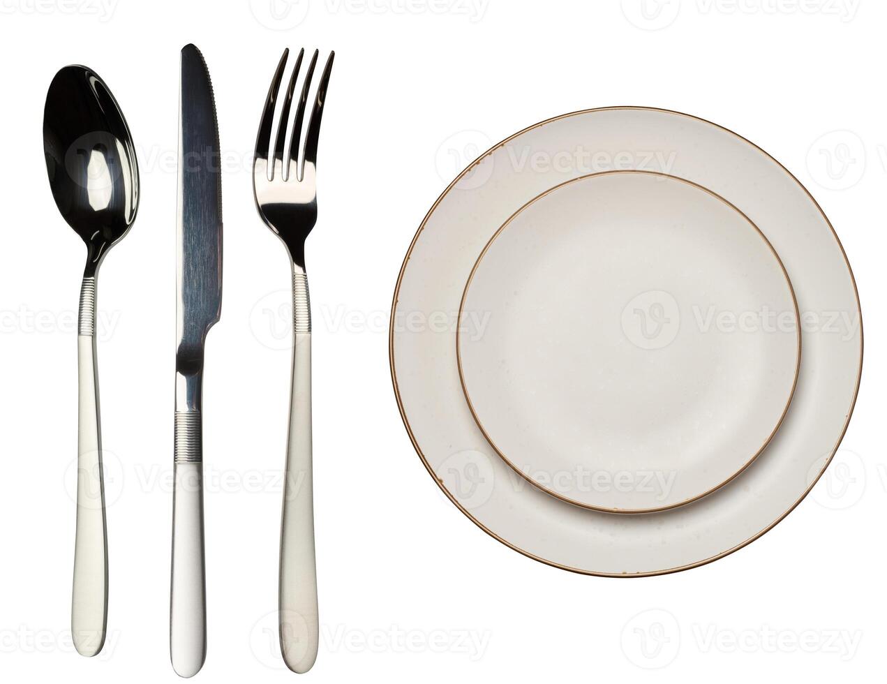 Empty white plate and cutlery on isolated background, top view photo