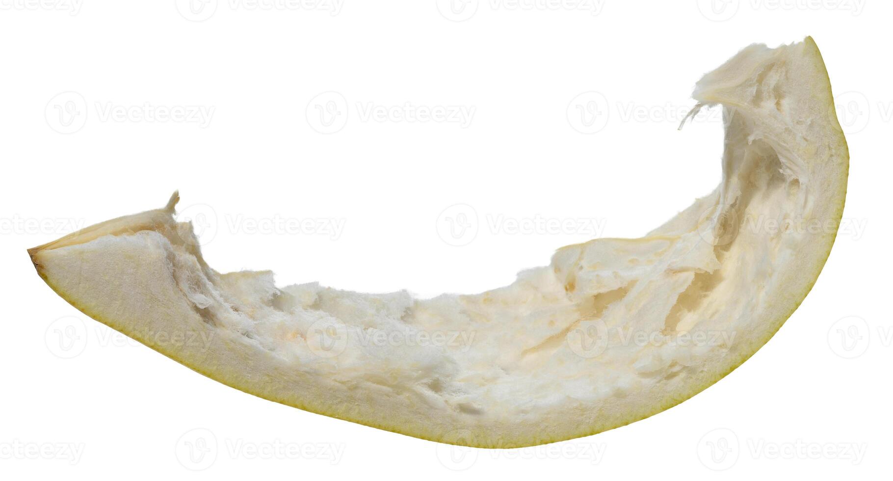 Close-up of a removed pomelo fruit peel slice, showing the fibrous texture and thick rind, isolated background photo