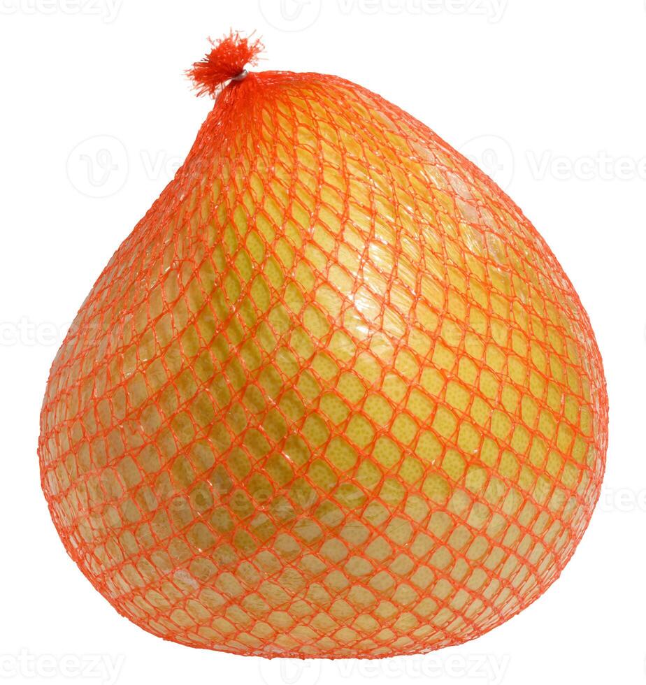 Ripe round unpeeled pomelo in red net, fruit transportation packaging, isolated background photo