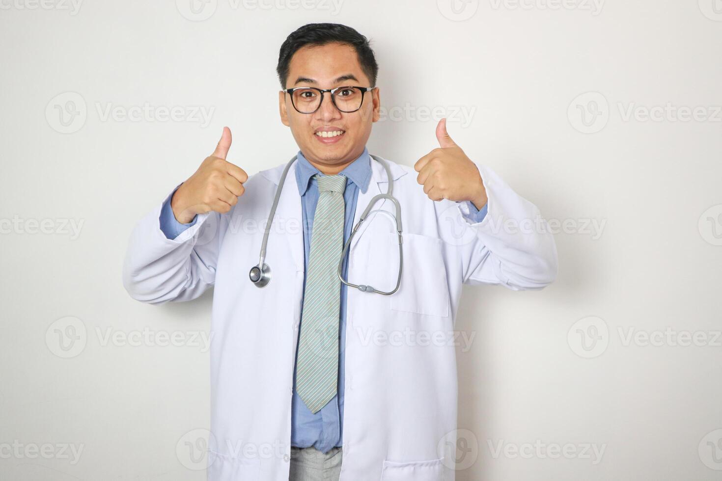 Portrait of his he nice attractive confident glad cheerful cheery bearded guy employee showing thumbup advert career opportunity isolated on light white gray pastel color background photo