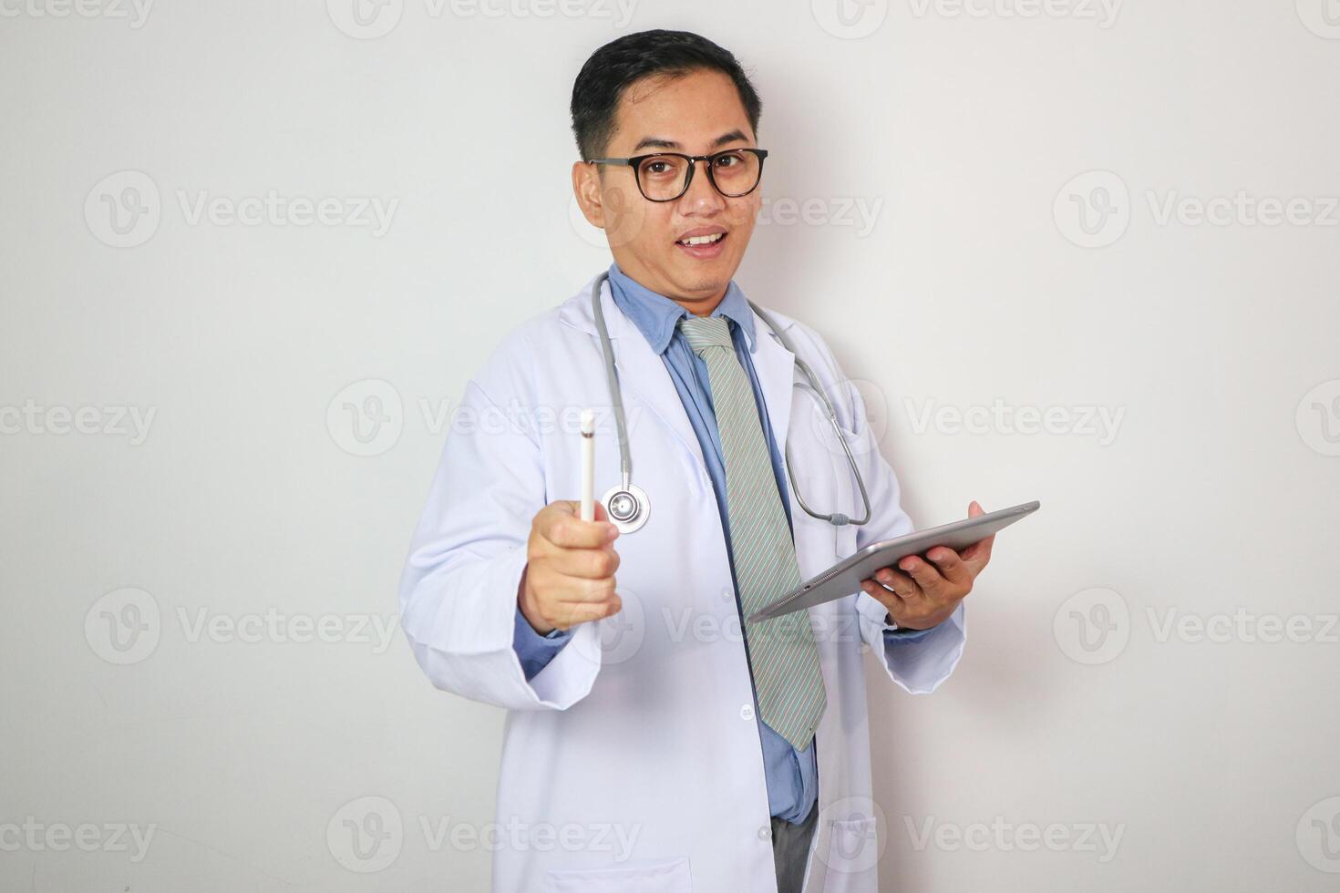 Healthcare, research and doctor with smile on tablet for wellness, medical abstract and analysis. Hospital, insurance and health worker on digital tech for internet, patient data and telehealth app photo