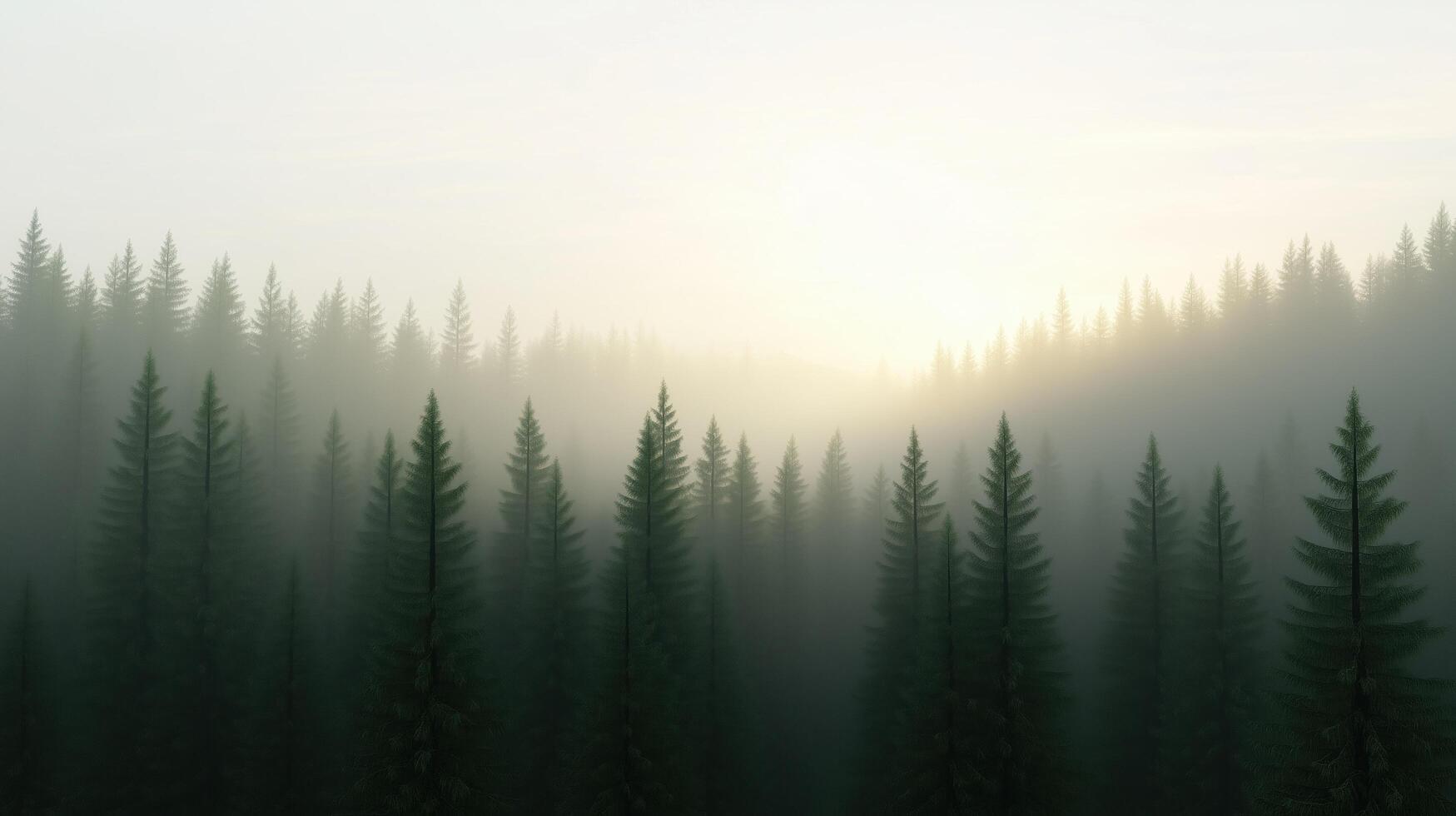 A forest with trees and a foggy sky. The trees are tall and green, and the sky is cloudy photo