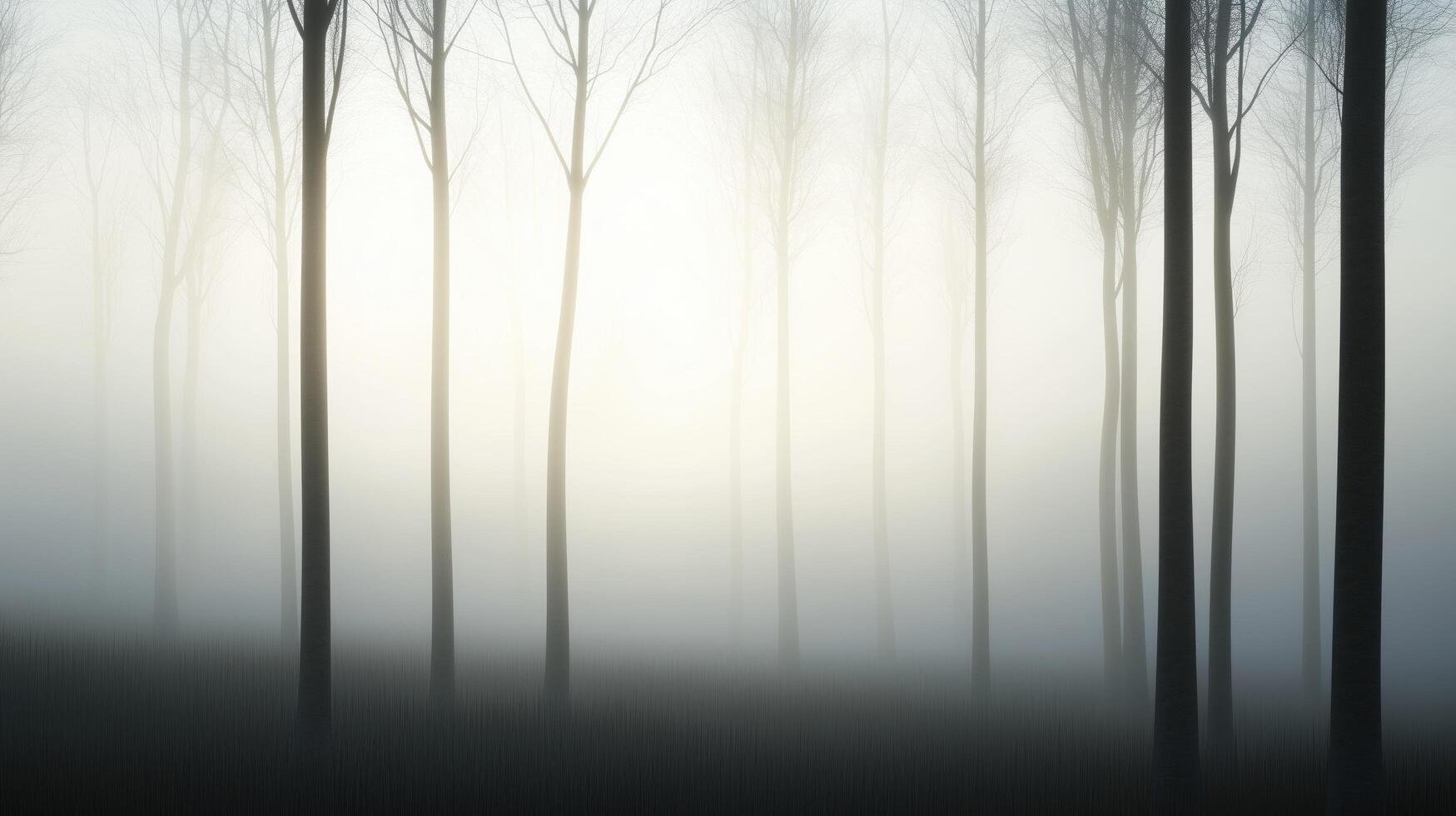 A forest with foggy trees and a cloudy sky. The trees are tall and the sky is gray photo