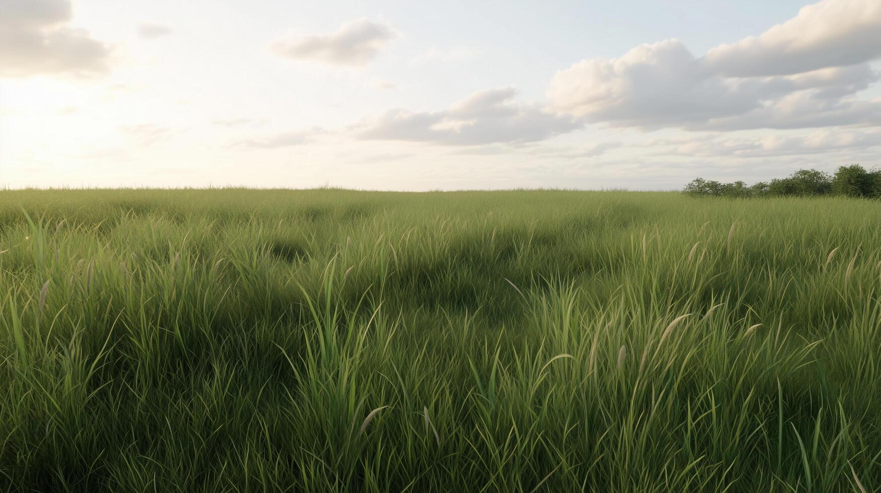 A field of grass with a cloudy sky in the background. The sky is a mix of blue and white clouds, and the grass is tall and green photo