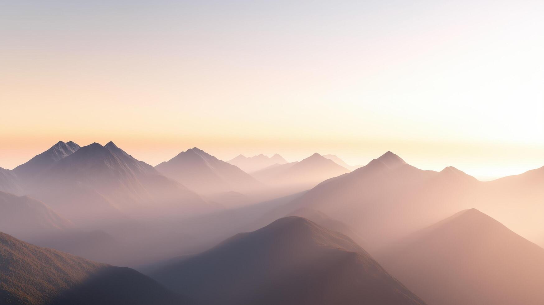 The mountains are covered in a misty haze, creating a serene and peaceful atmosphere. The sun is setting, casting a warm glow over the landscape. The mountains are tall and majestic photo