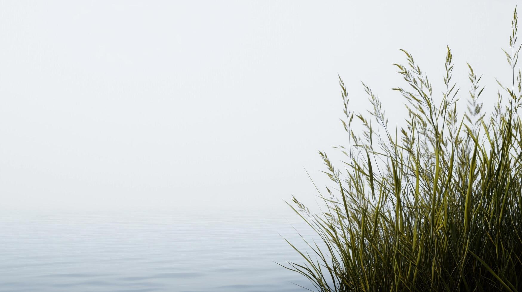 A field of tall grass is next to a body of water. The water is calm and the grass is tall and green. The scene is peaceful and serene, with the water and grass creating a sense of tranquility photo