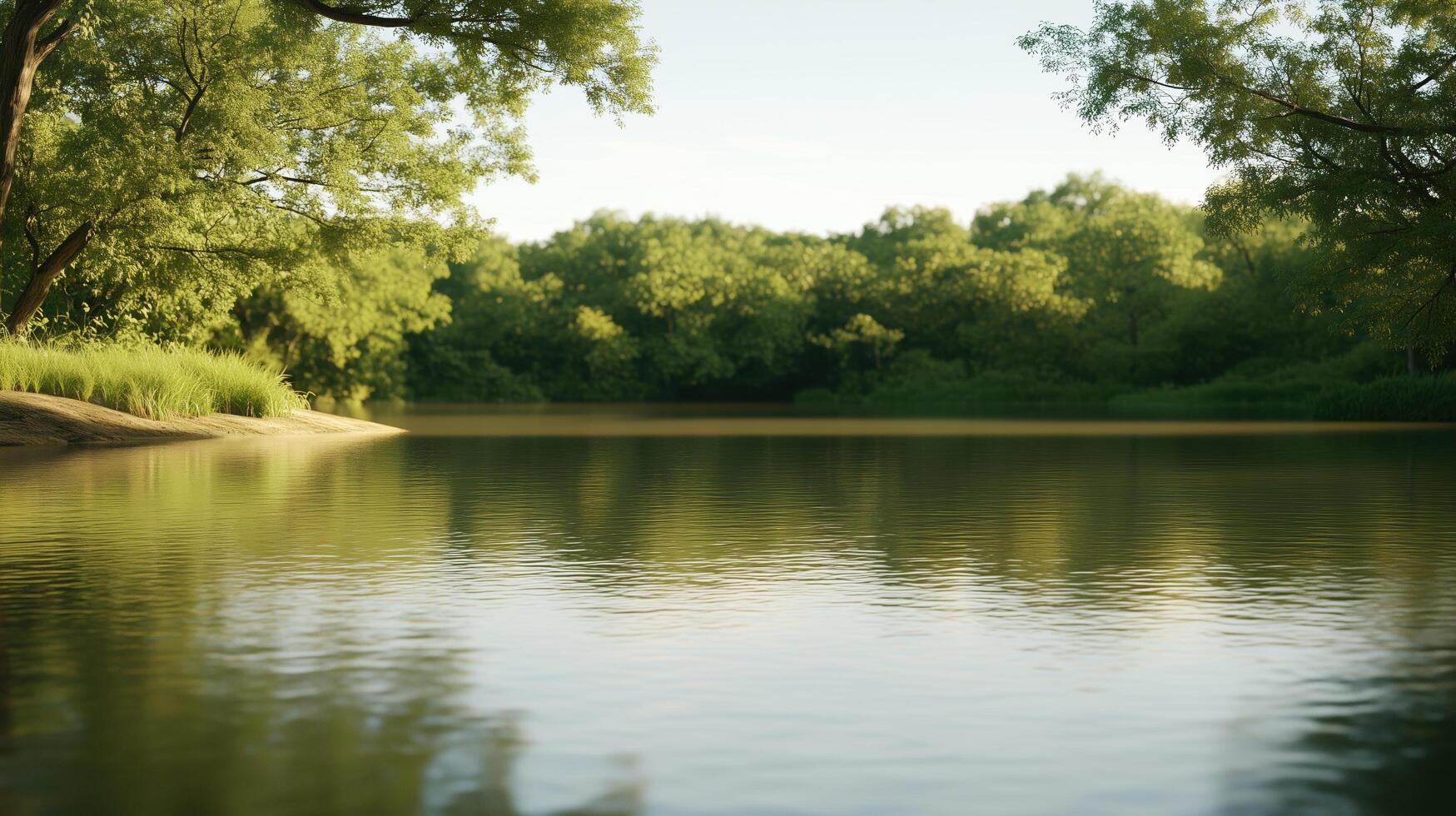 A calm lake with trees in the background. The water is still and the sky is clear. The scene is peaceful and serene photo