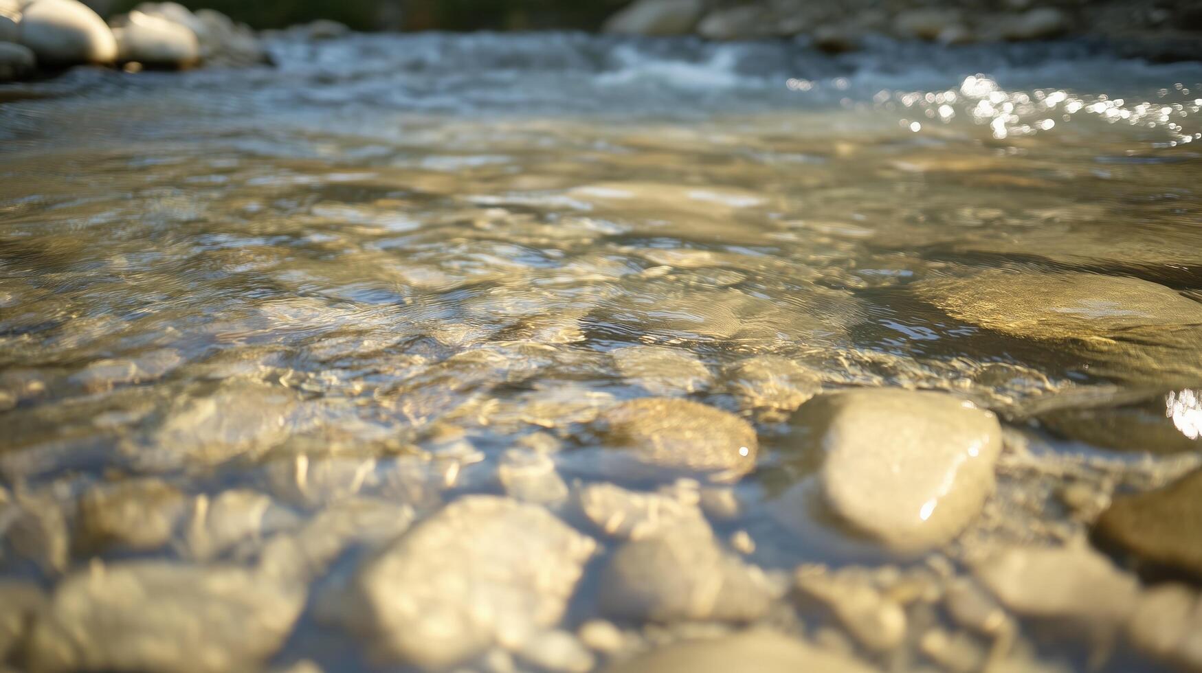 A river with a clear, calm water and a rocky riverbed. The rocks are scattered throughout the river, creating a natural and peaceful setting. The water appears to be still photo