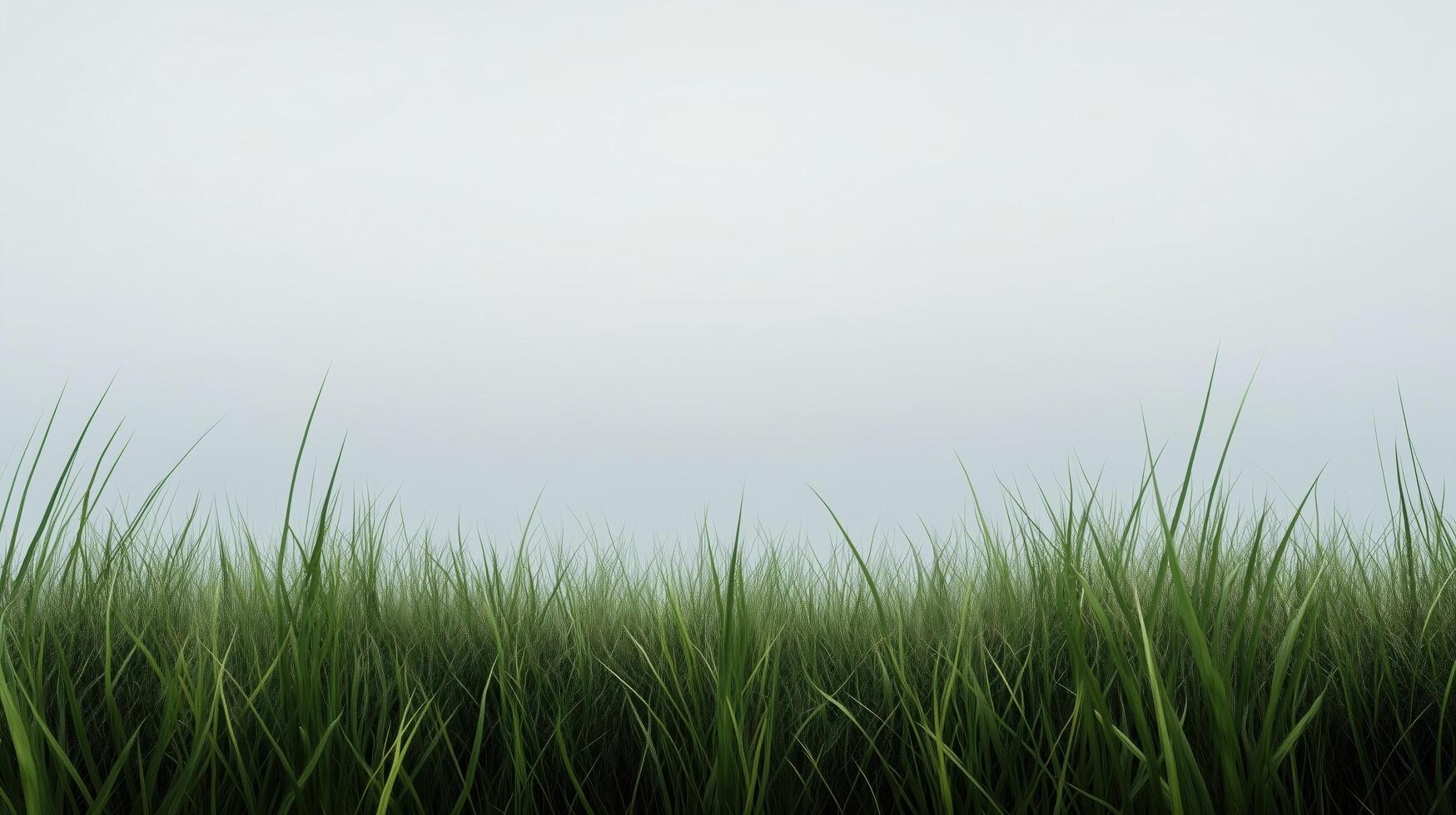 A field of grass with a cloudy sky in the background. The grass is tall and lush, and the sky is overcast. Scene is calm and peaceful, with the grass providing a sense of serenity photo