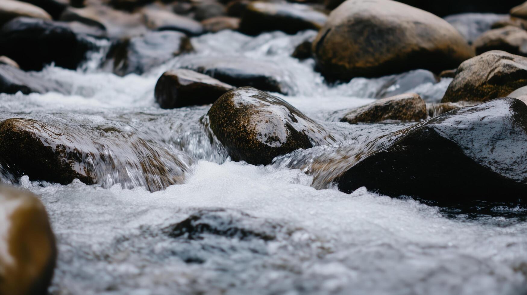 A stream of water flows over a rocky riverbed. The water is clear and cold, and the rocks are large and jagged. The scene is peaceful and serene, with the sound of the water photo