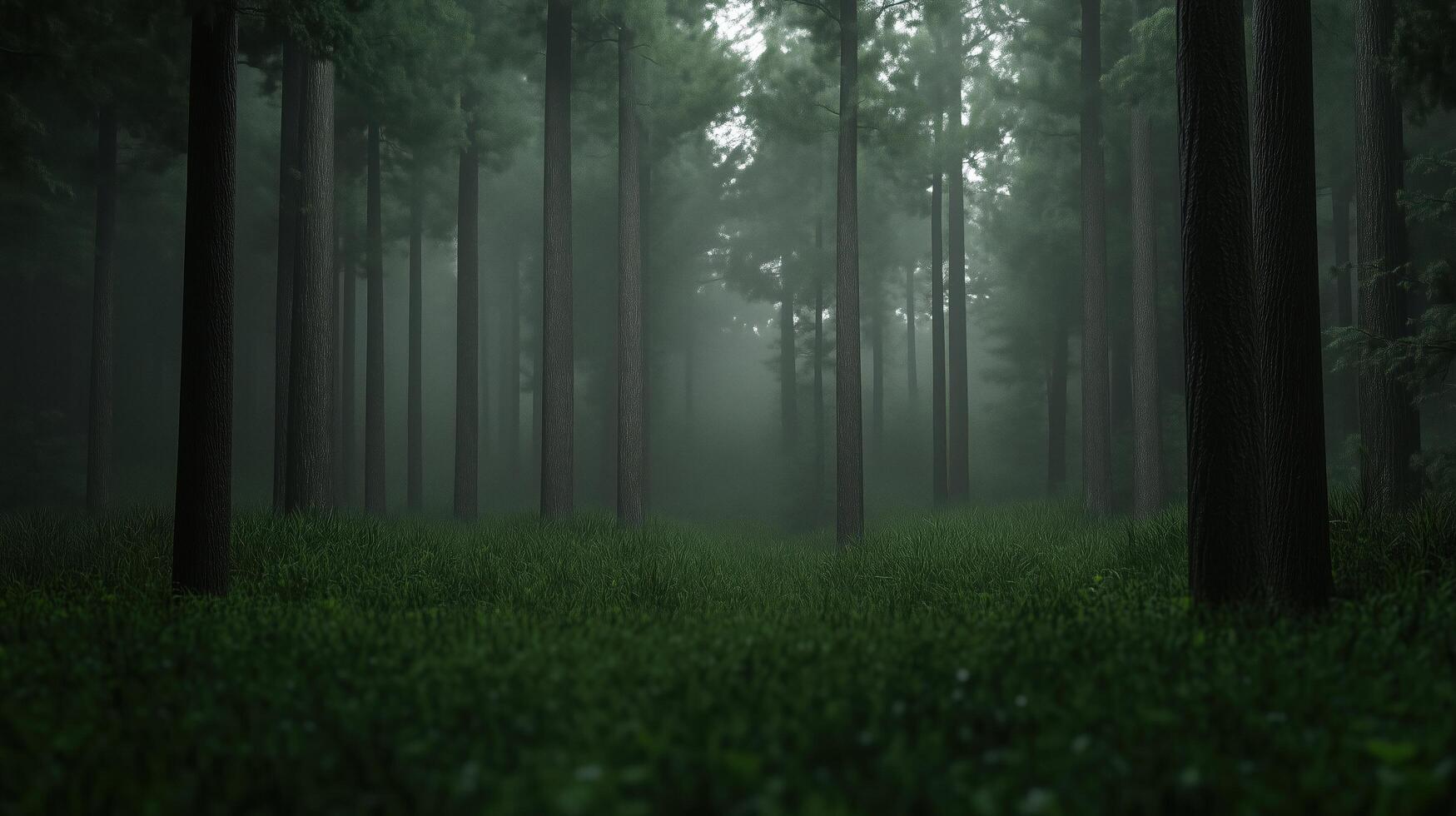 A forest with trees and grass. The trees are tall and the grass is green. The sky is cloudy and the light is dim photo