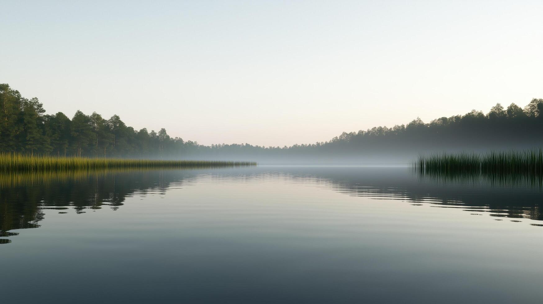 A calm lake with trees in the background. The water is still and the sky is cloudy photo