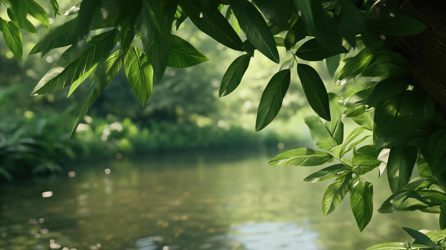 A leafy tree branch is shown in the foreground of a body of water. The water is calm and clear, and the leaves on the tree are green and lush. Concept of tranquility and natural beauty photo