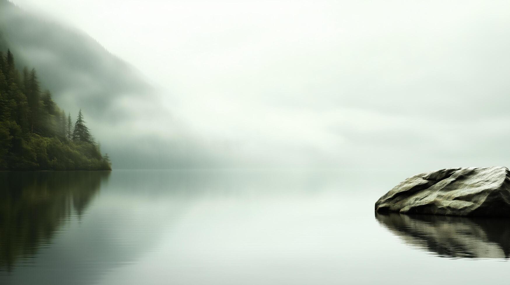 A large rock sits in the middle of a lake, surrounded by trees. The water is calm and still, and the sky is overcast. The scene is peaceful and serene photo