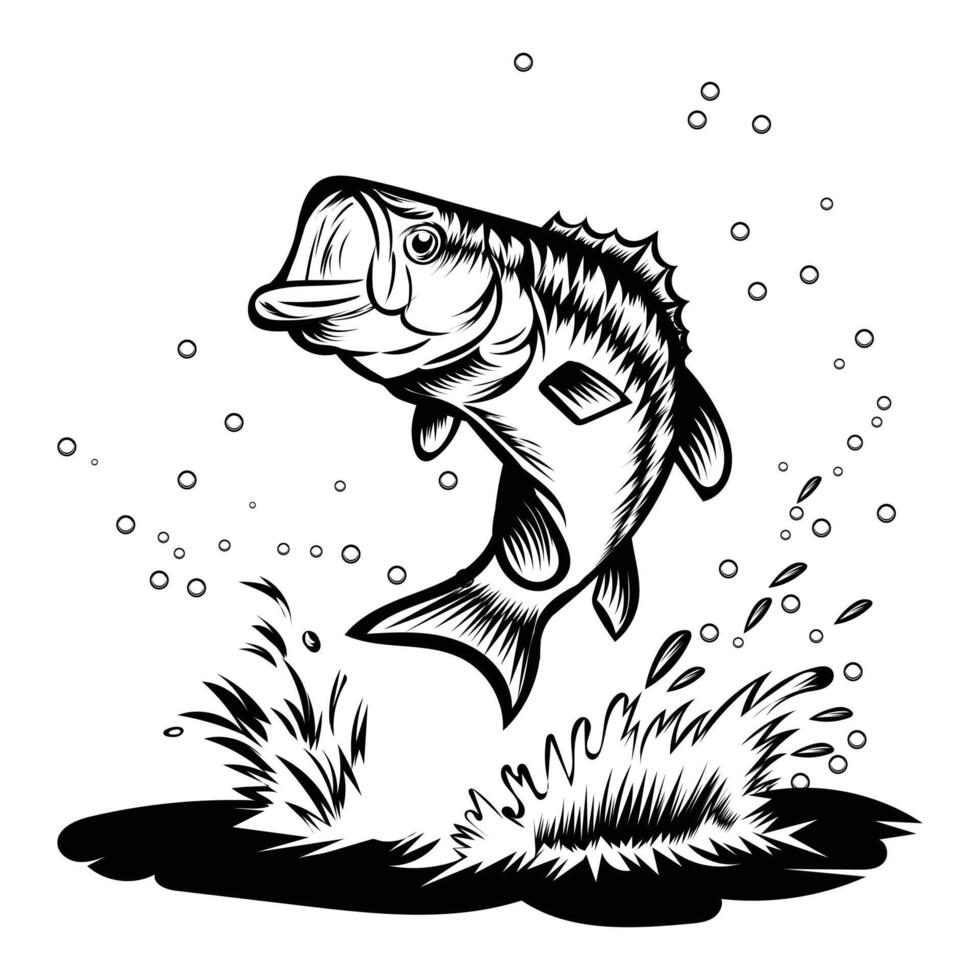 jumping big bass fish , art silhouette logo design black and white vector