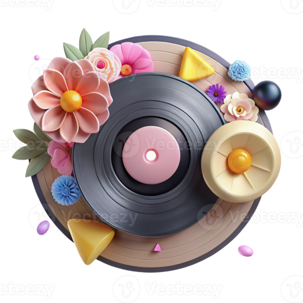 wonderful vintage Vinyl Record with Floral Design Cutout Decorative Music high resolution png