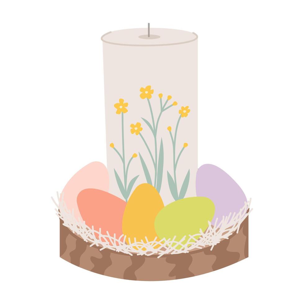 Decorative candle with Easter eggs in a nest vector