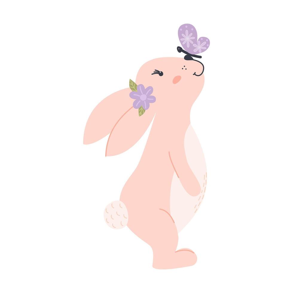 Cute pink rabbit with a butterfly on its nose vector