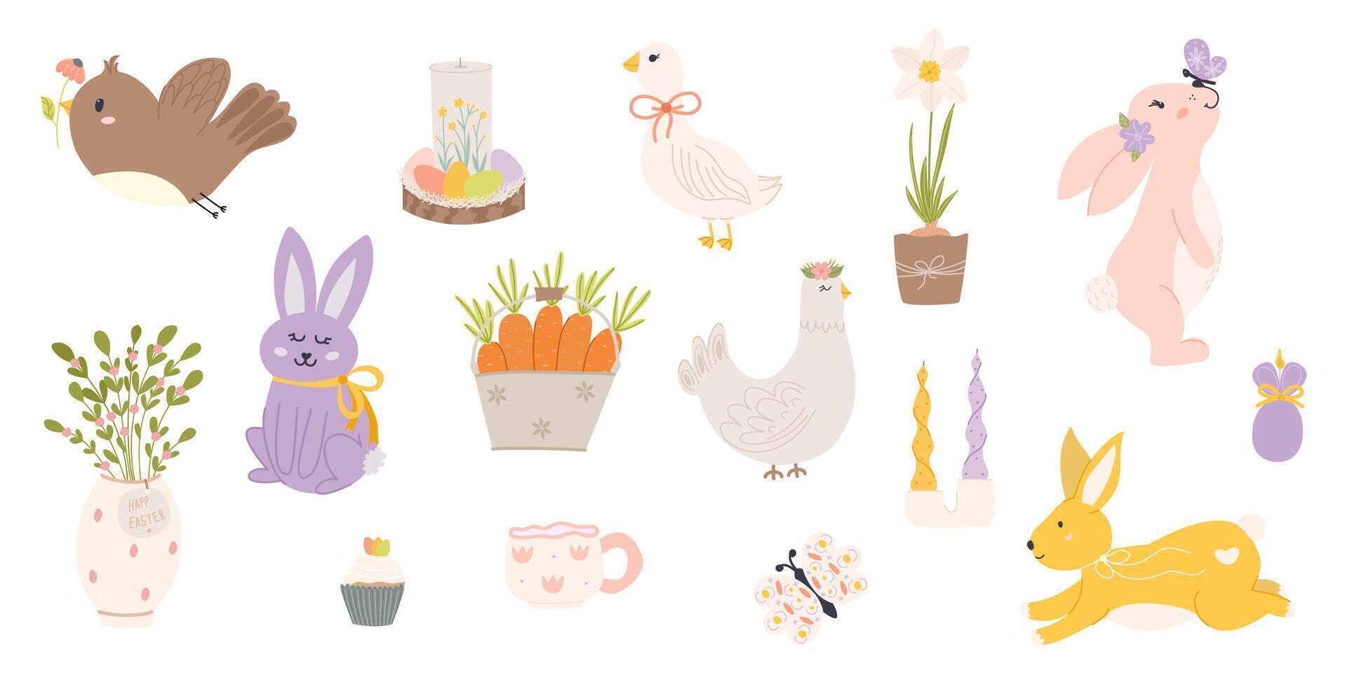 Cute hand drawn collection of Easter elements. Bunny, carrot, flowers, candle, chicken, goose, butterfly, daffodil. Charming design for decor, cards, clipart, scrapbooking. vector