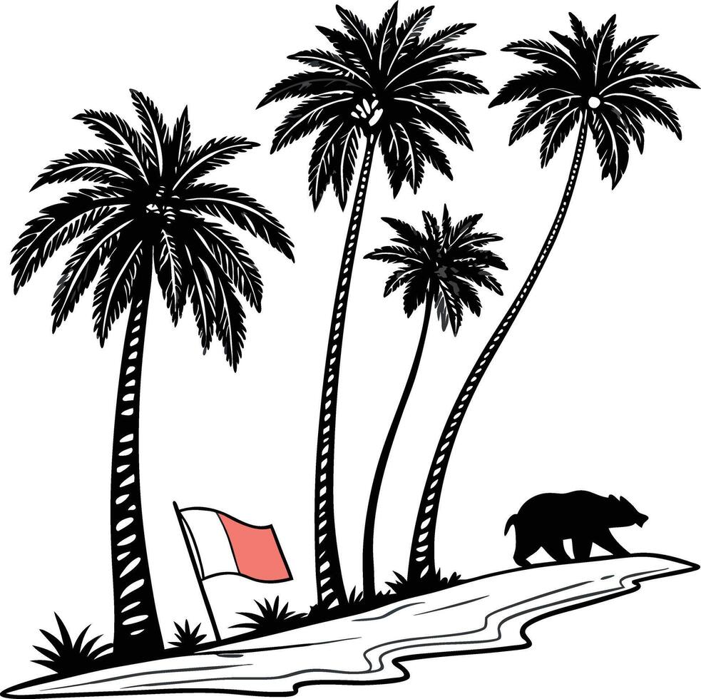 Island scene with palm trees, flag, and bear silhouette vector